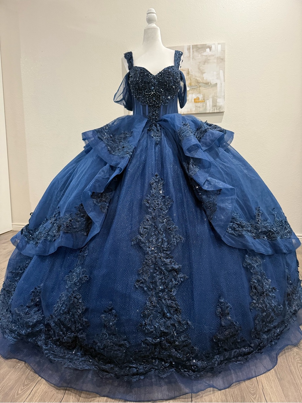 Navy blue sweet 16, XV dress gown. Layered embroidered, train, Lace up back. 6
